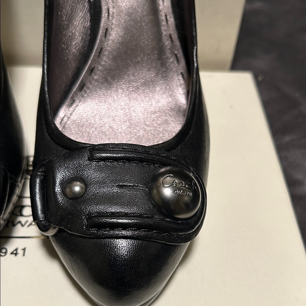 Coach Black Pointed Toe Leather Pumps with Decorative Button Detail - Picture 7 of 8